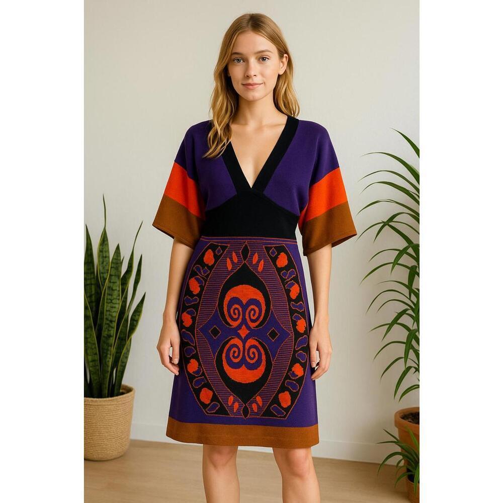 VTG 70s Style Dept Dress M Purple Orange Bold Print Boho Festival